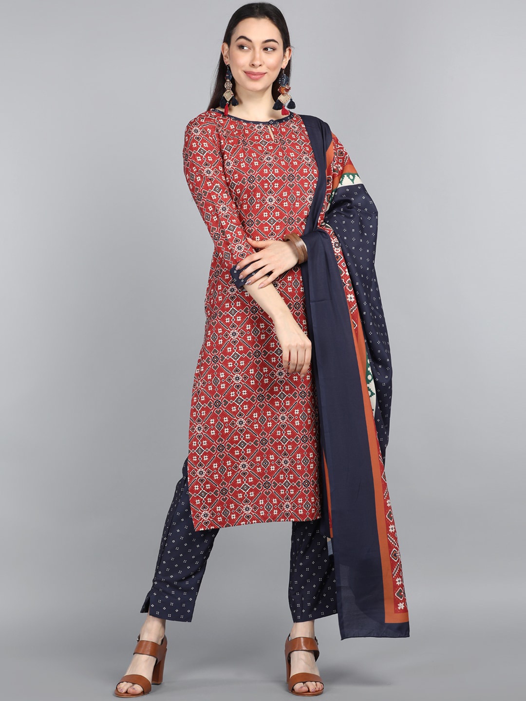 

AHIKA Women Maroon Ethnic Motifs Printed Layered Kurta with Trousers & With Dupatta