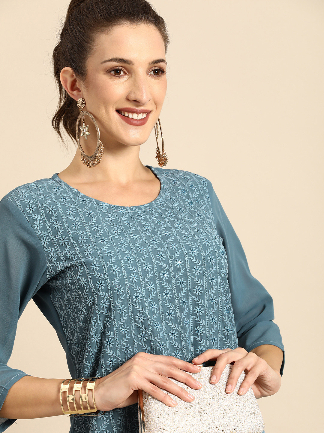 

all about you Women Grey Ethnic Motifs Embroidered Regular Chikankari Kurta with Palazzos