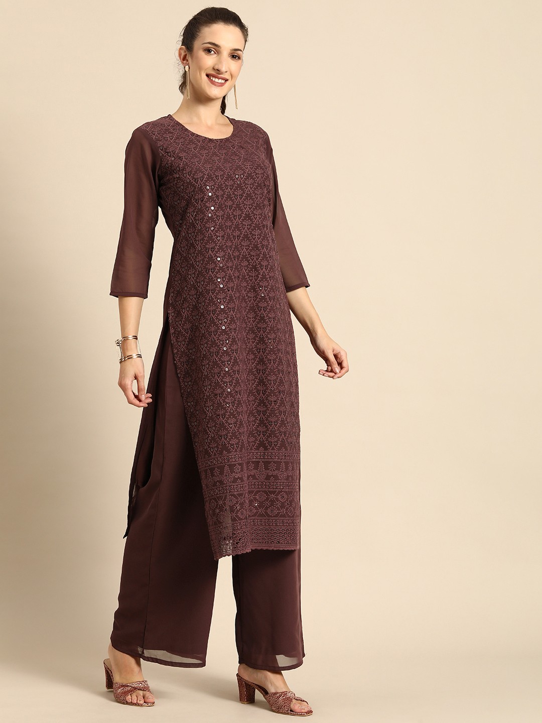 

all about you Women Brown Ethnic Motifs Embroidered Regular Chikankari Kurta with Palazzos
