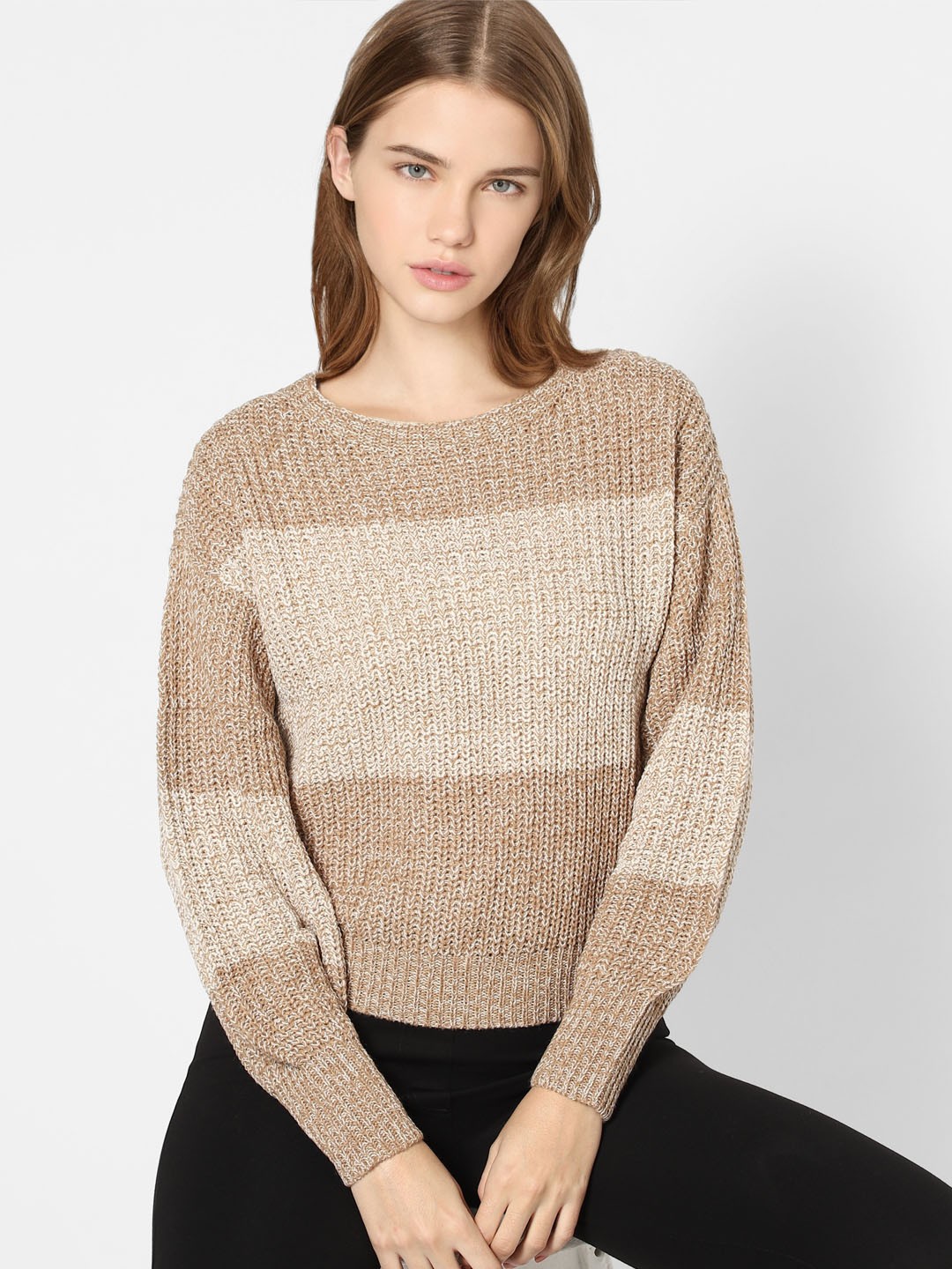 

ONLY Women Brown Colourblocked Acrylic Pullover