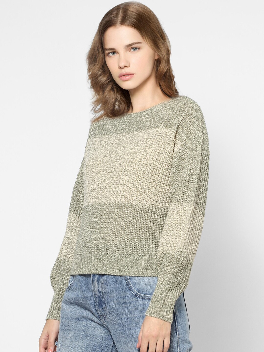 

ONLY Women Green Colourblocked Acrylic Pullover