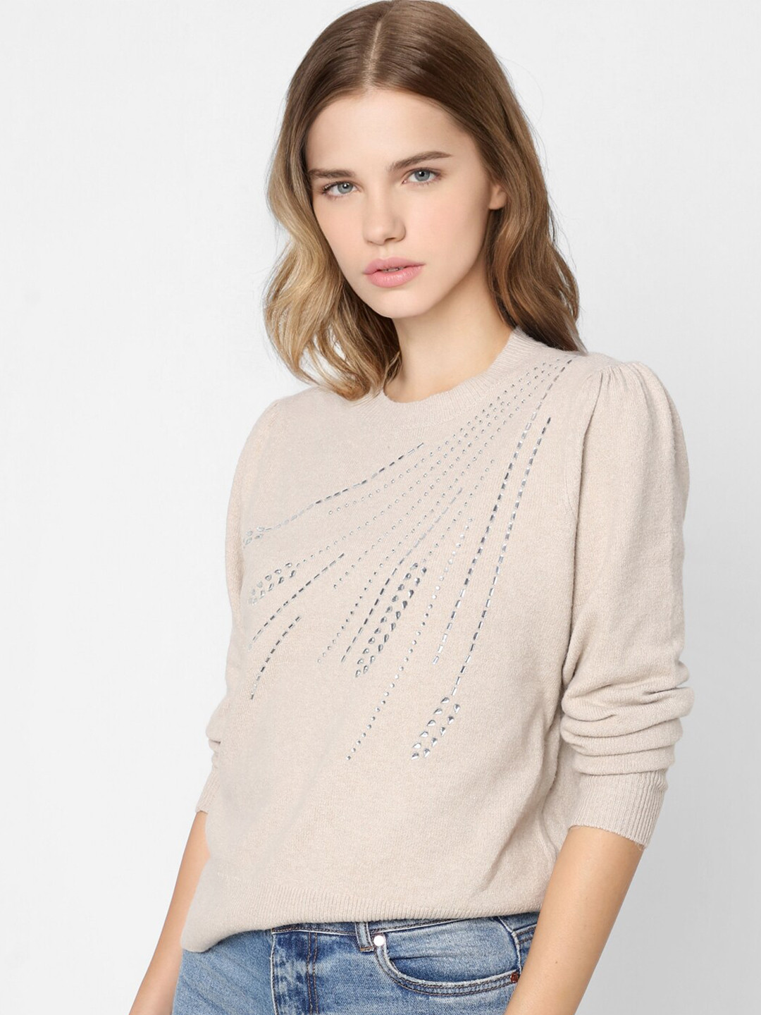 

ONLY Women Beige & Silver-Toned Pullover with Embellished Detail