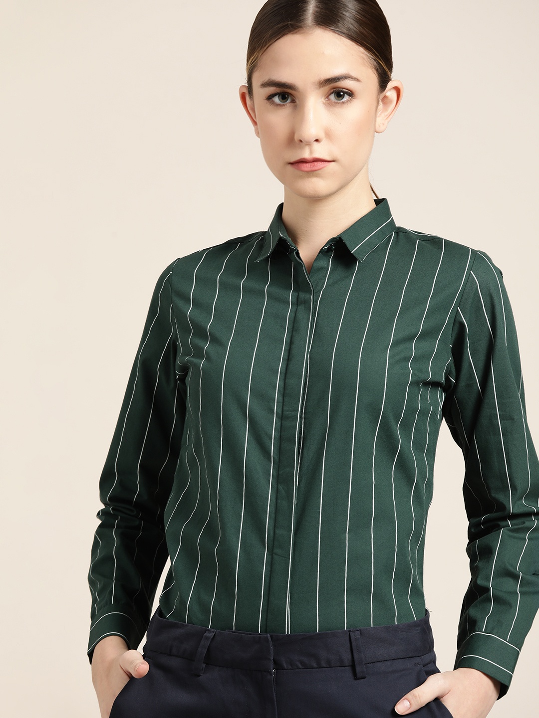 

Hancock Women Green Slim Fit Striped Pure Cotton Formal Shirt