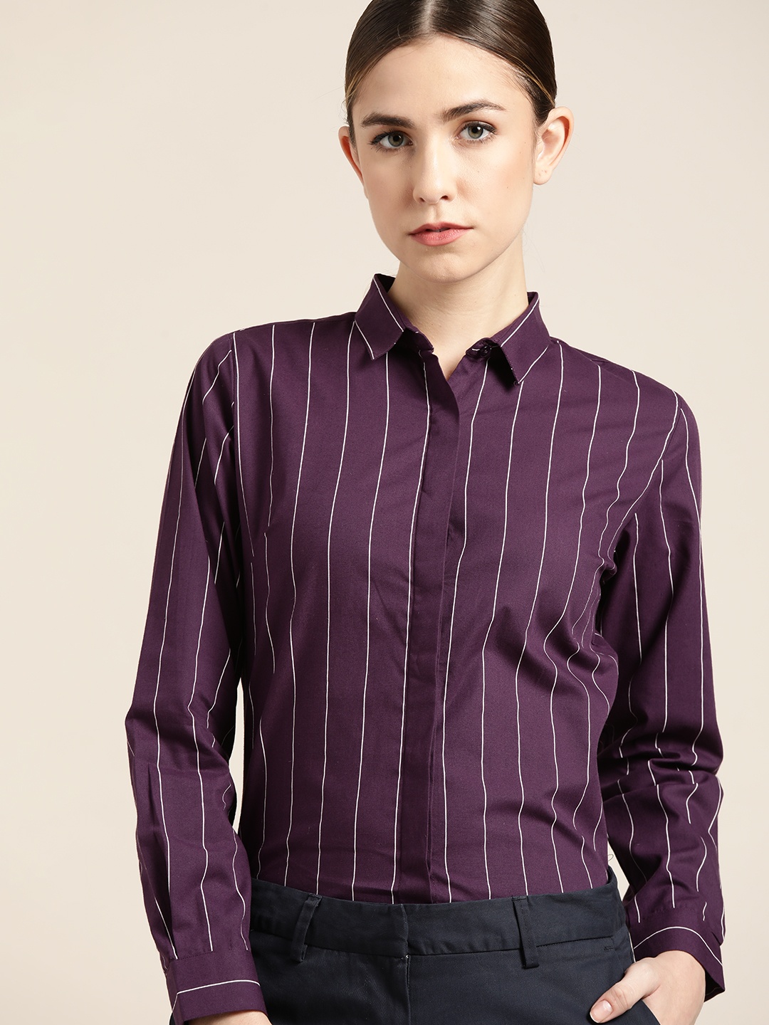 

Hancock Women Purple Slim Fit Striped Pure Cotton Formal Shirt