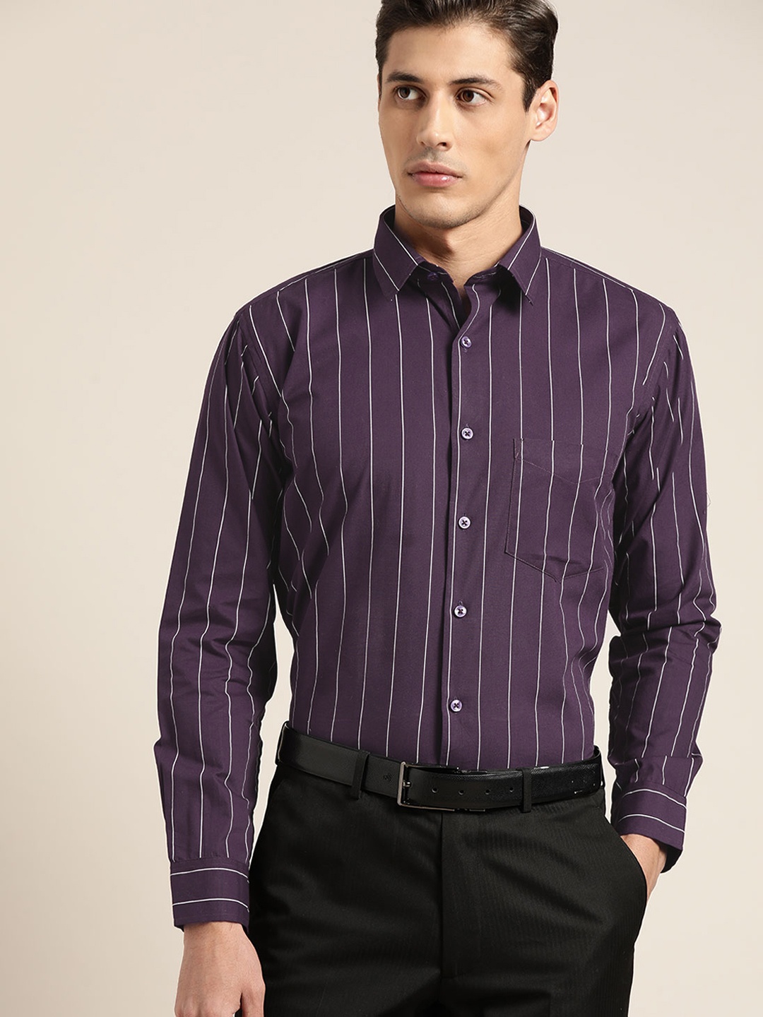 

Hancock Men Purple Slim Fit Striped Pure Cotton Formal Shirt