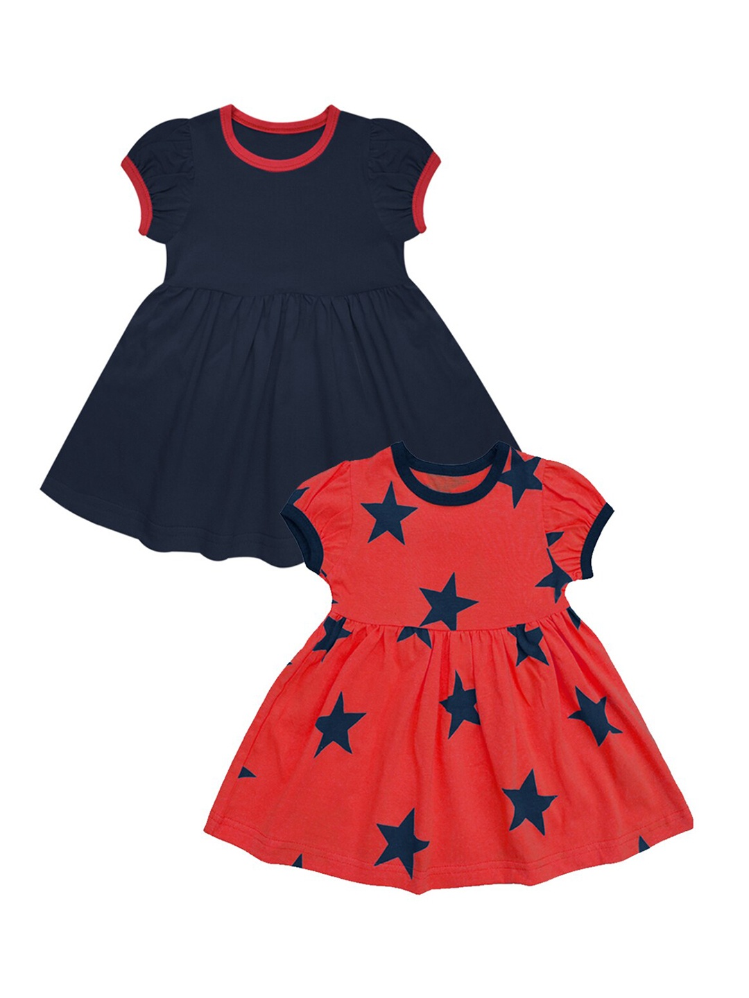 

A T U N Red & Navy Blue Pack of 2 Printed Cotton Dress