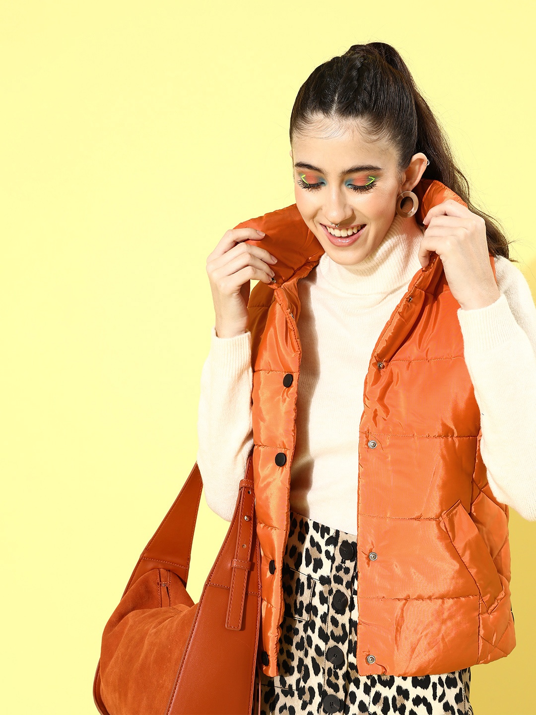 

iki chic Women Bright Orange Solid Gilet Jacket