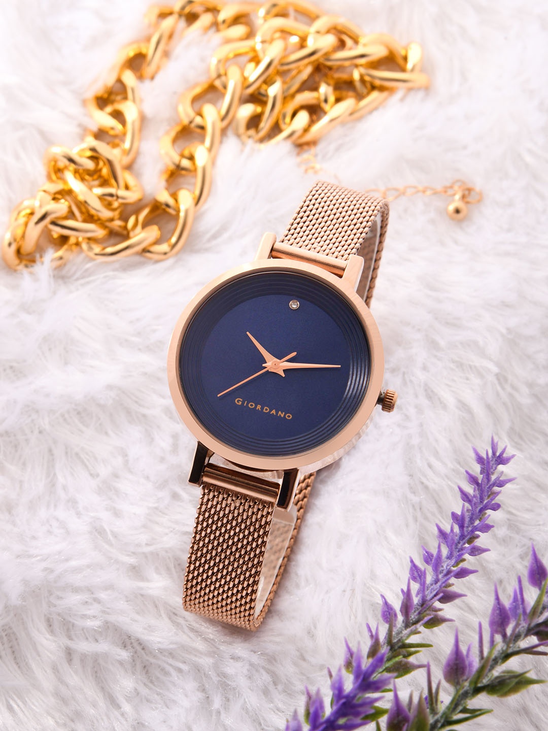 

GIORDANO Women Blue Brass Embellished Dial & Rose Gold Toned Analogue Watch GD4067-44