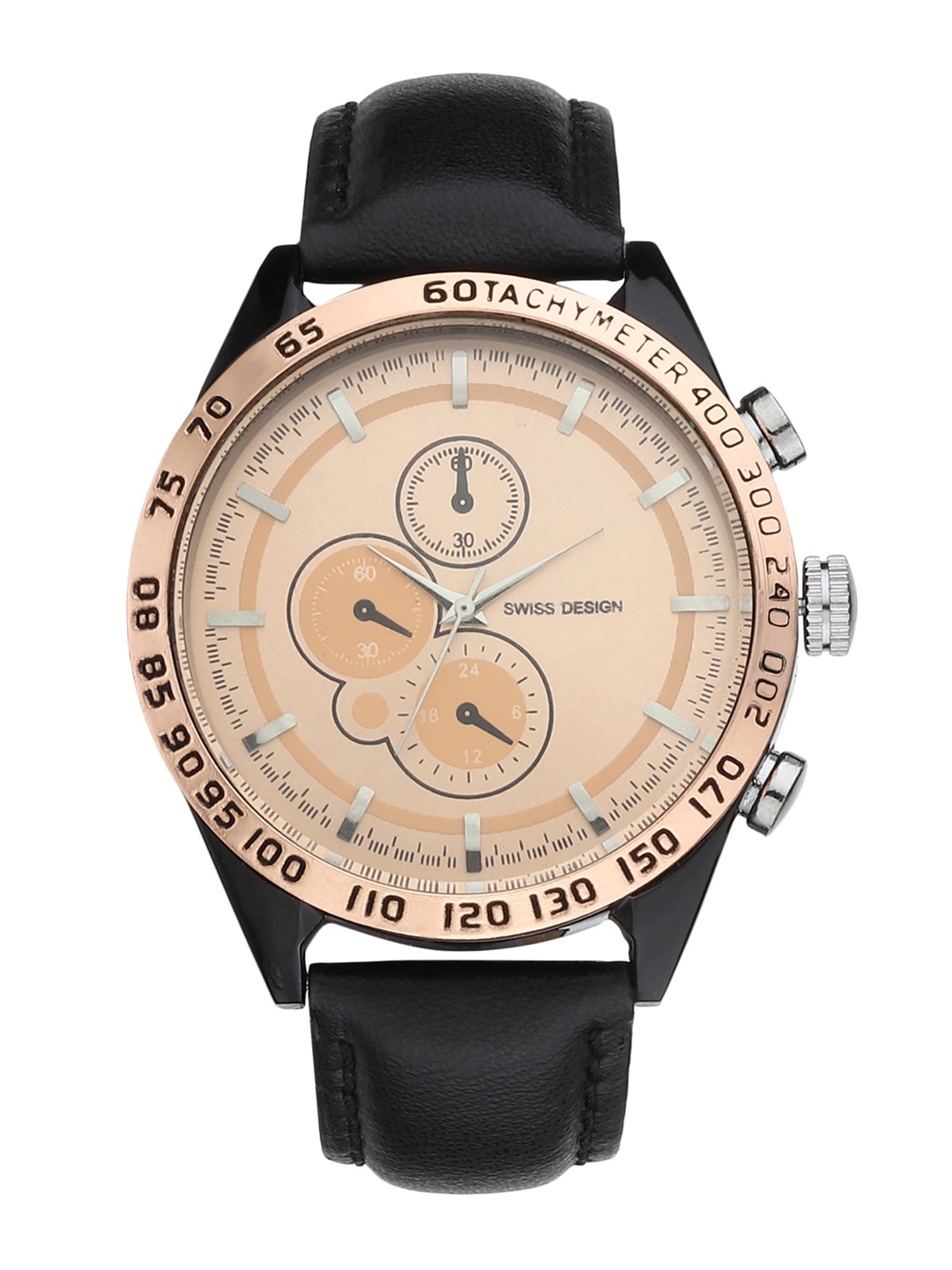 

Swiss Design Men Copper-Toned Embellished Dial & Black Leather Straps Analogue Watch