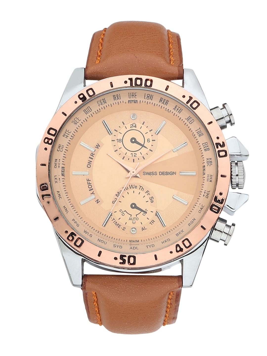 

Swiss Design Men Copper-Toned Solid Dial & Beige Leather Straps Analogue Watch SD-720-CP