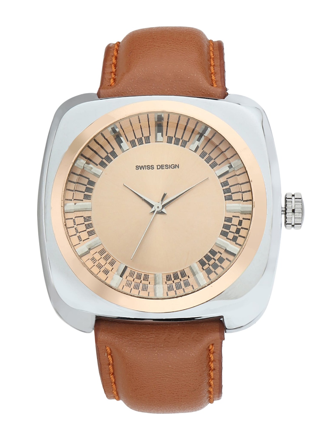 

Swiss Design Men Copper-Toned Embellished Dial & Beige Leather Straps Analogue Watch