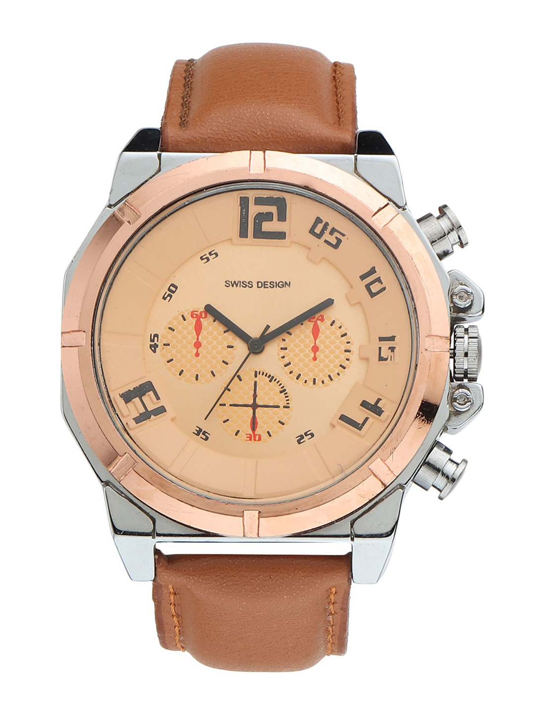 

Swiss Design Men Beige Dial & Brown Leather Textured Straps Analogue Watch