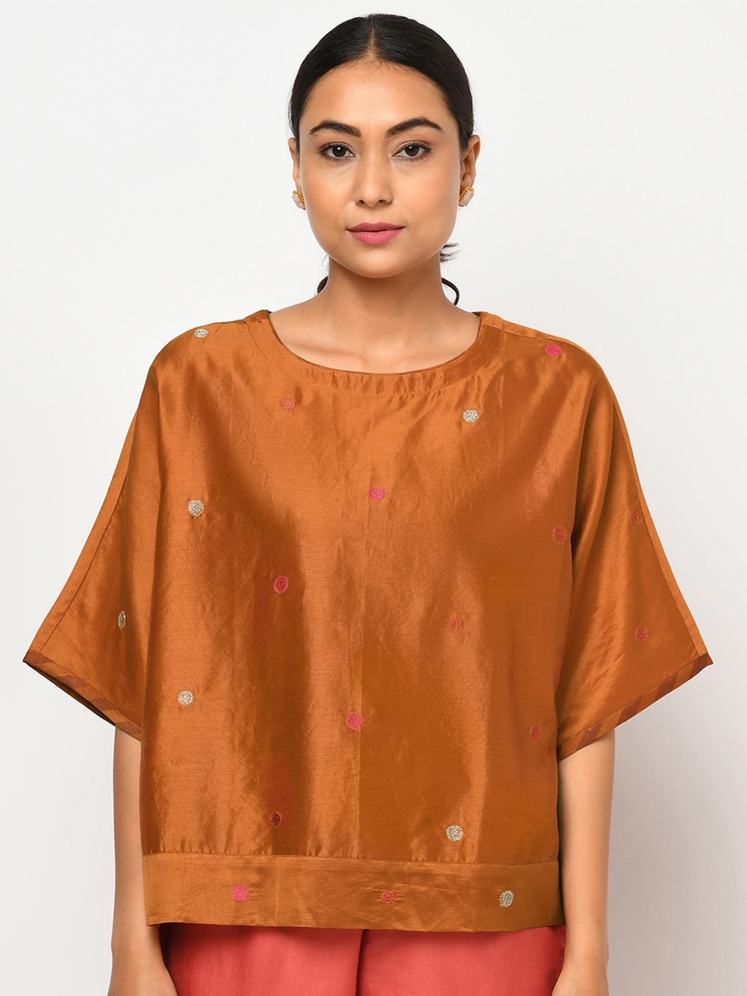 

Fabindia Rust Geometric Embroidered Extended Sleeves Boxy Top