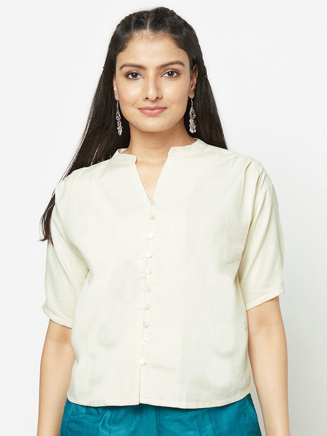 

Fabindia Beige Mandarin Collar Linen Shirt Style Top