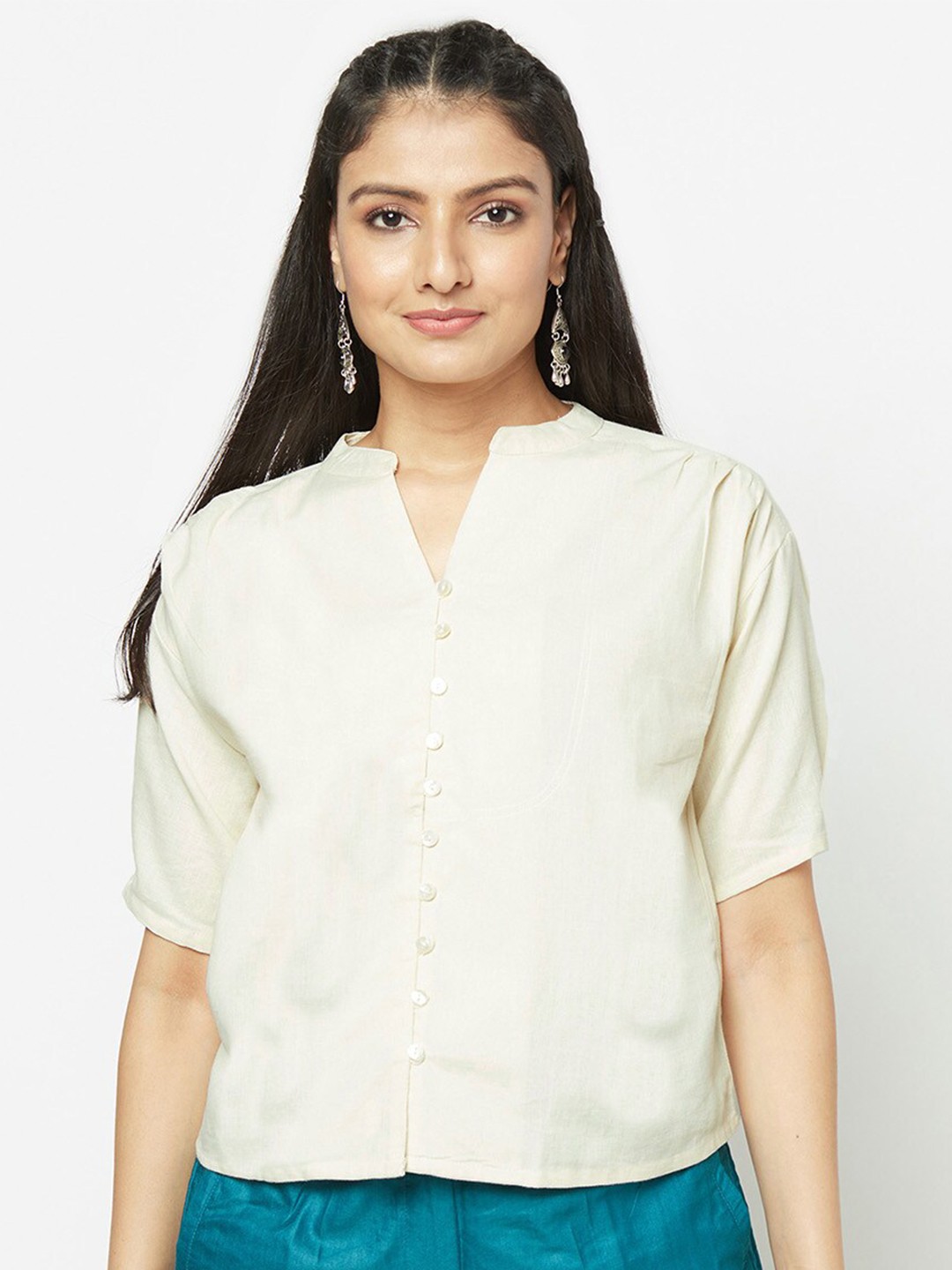 

Fabindia Women Beige Mandarin Collar Linen Shirt Style Top