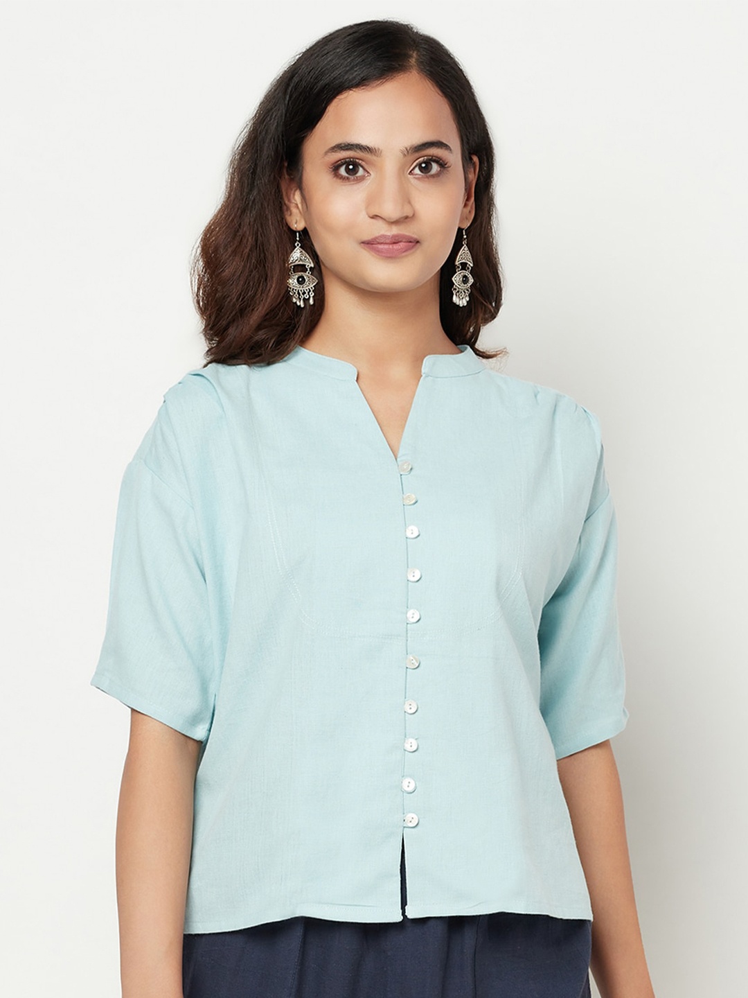 

Fabindia Women Blue Mandarin Collar Linen Regular Top