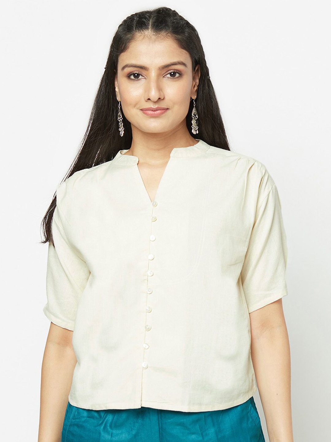 

Fabindia Women Beige Mandarin Collar Linen Top