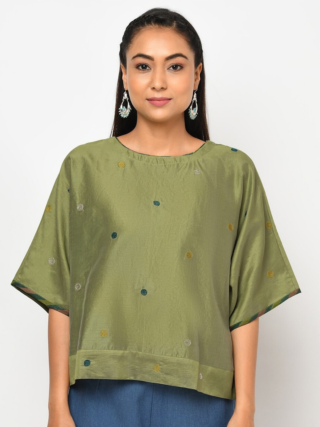 

Fabindia Green Geometric Embroidered Extended Sleeves Regular Top
