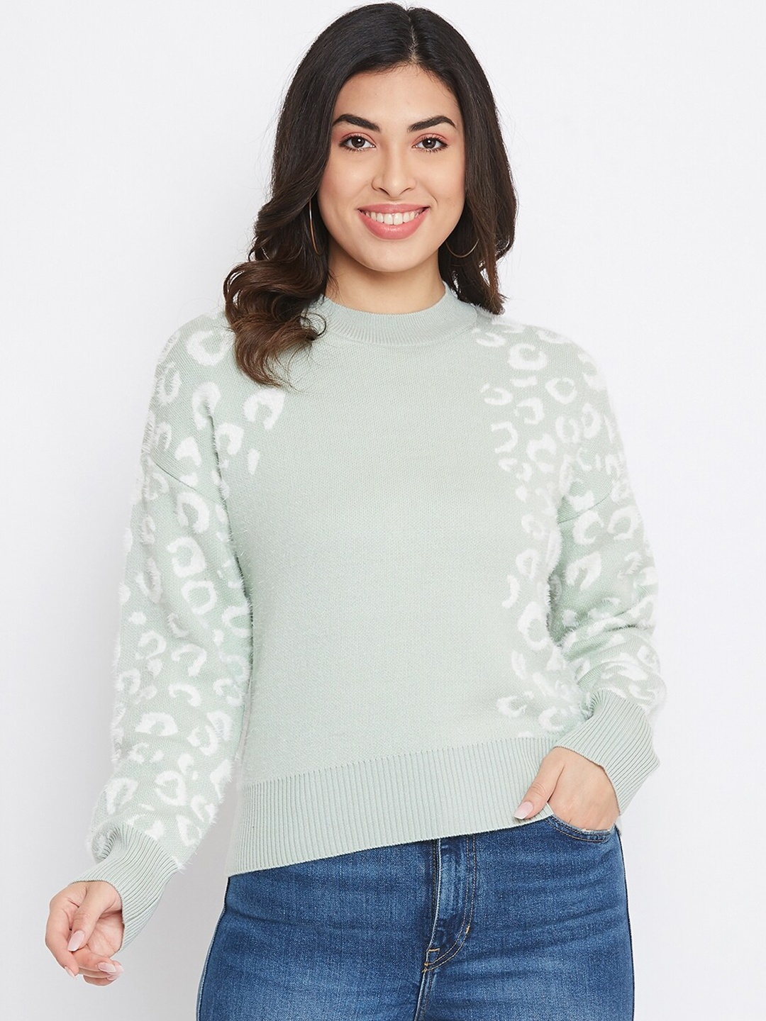 

CAMLA Women Green & White Printed Woolen Pullover