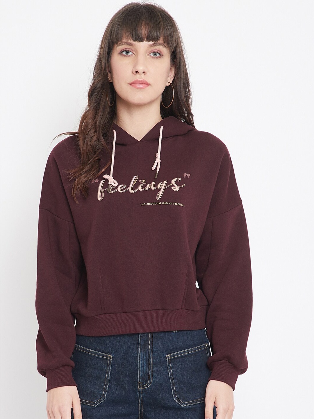 

CAMLA Women Maroon Printed Hooded Sweatshirt