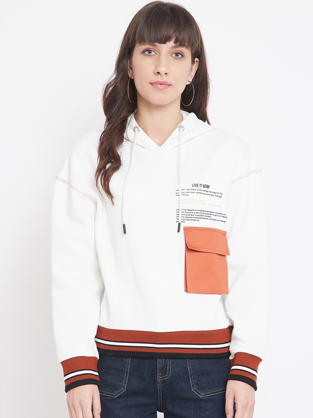 

CAMLA Women Off White Colourblocked Hooded Sweatshirt