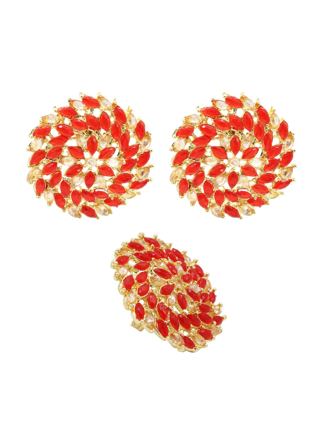 

ASMITTA JEWELLERY Gold-Toned & Red Studded Stud Earrings With Adjustable Finger Ring