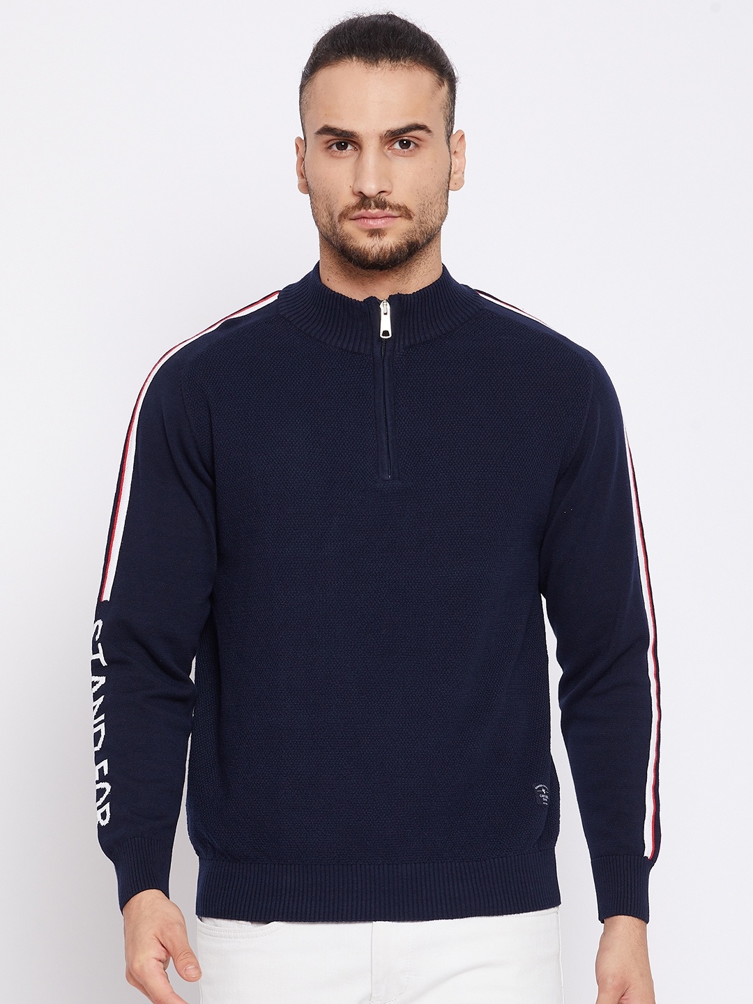 

Cantabil Men Navy Blue Self Design Pure Woolen Sweater