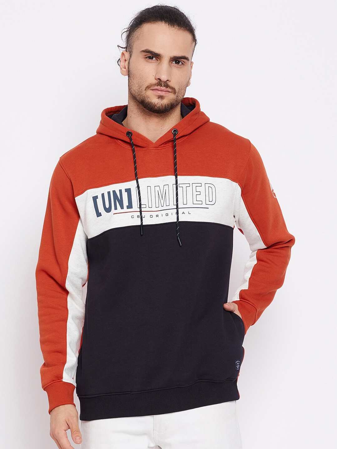 

Cantabil Men Rust Orange Colourblocked Hooded Sweatshirt