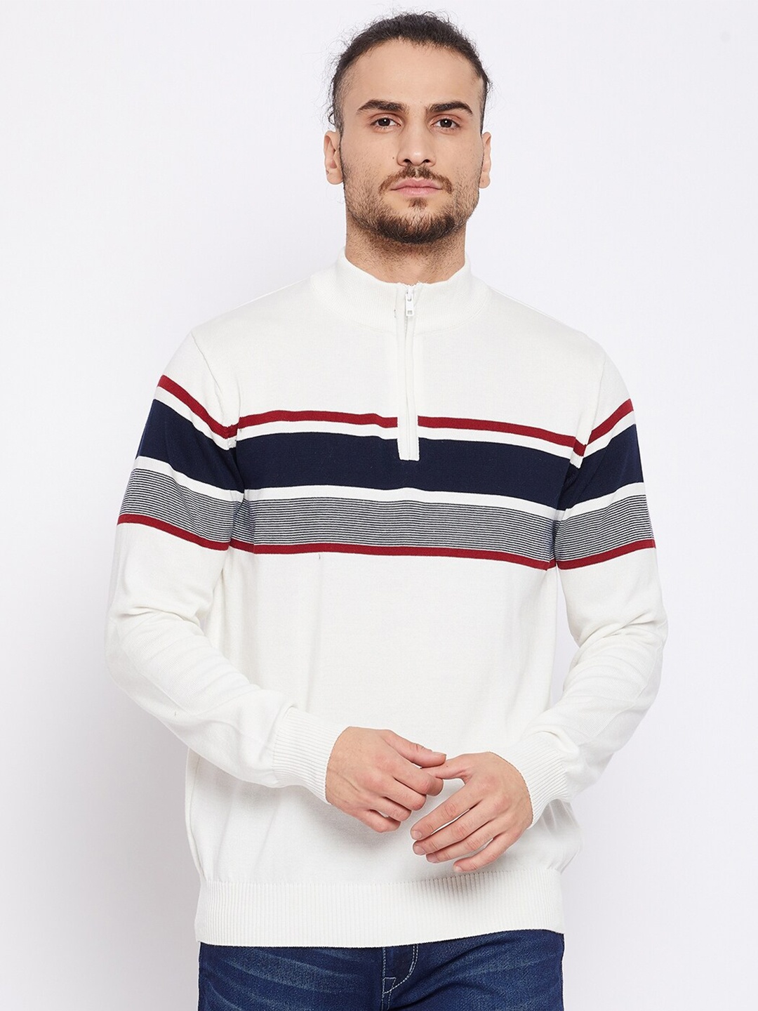 

Cantabil Men Off White & Blue Striped Woollen Pullover