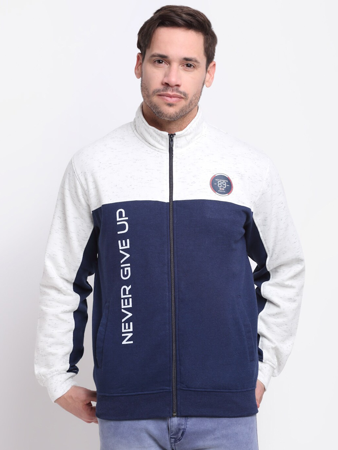 

Cantabil Men White & Navy Blue Colourblocked Pure Wool Front-Open With Zip Detail