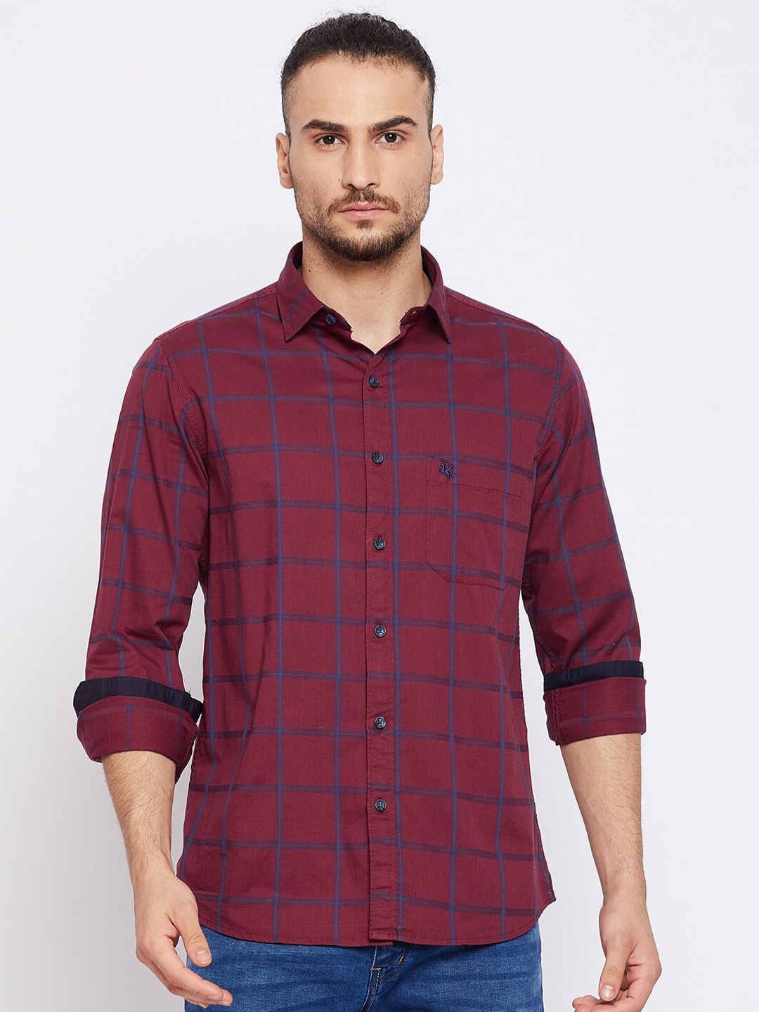 

Cantabil Men Red Windowpane Checked Casual Shirt