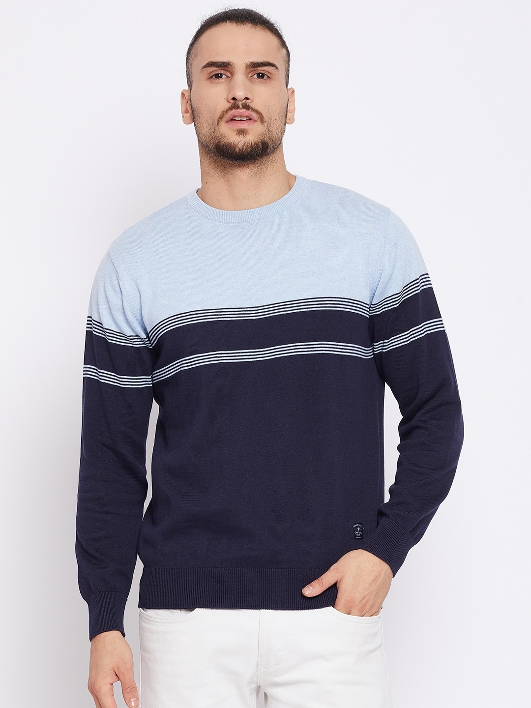 

Cantabil Men Navy Blue Colourblocked Pure Woolen Pullover