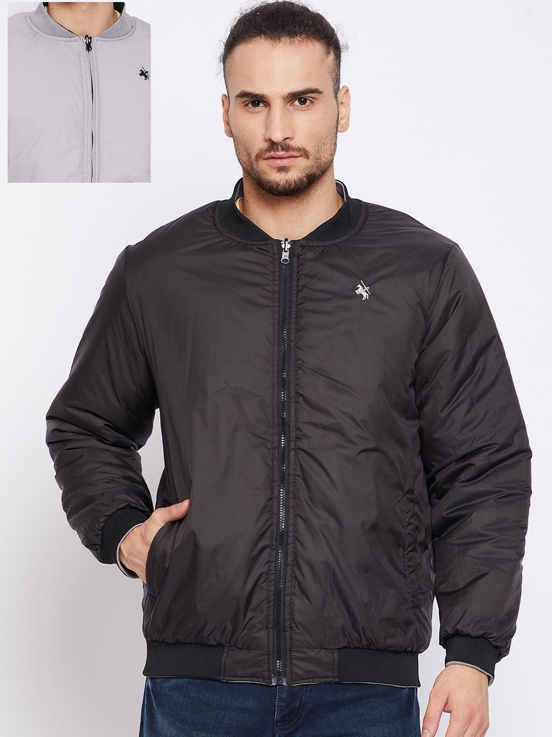 

Cantabil Men Grey & Black Reversible Bomber Jacket