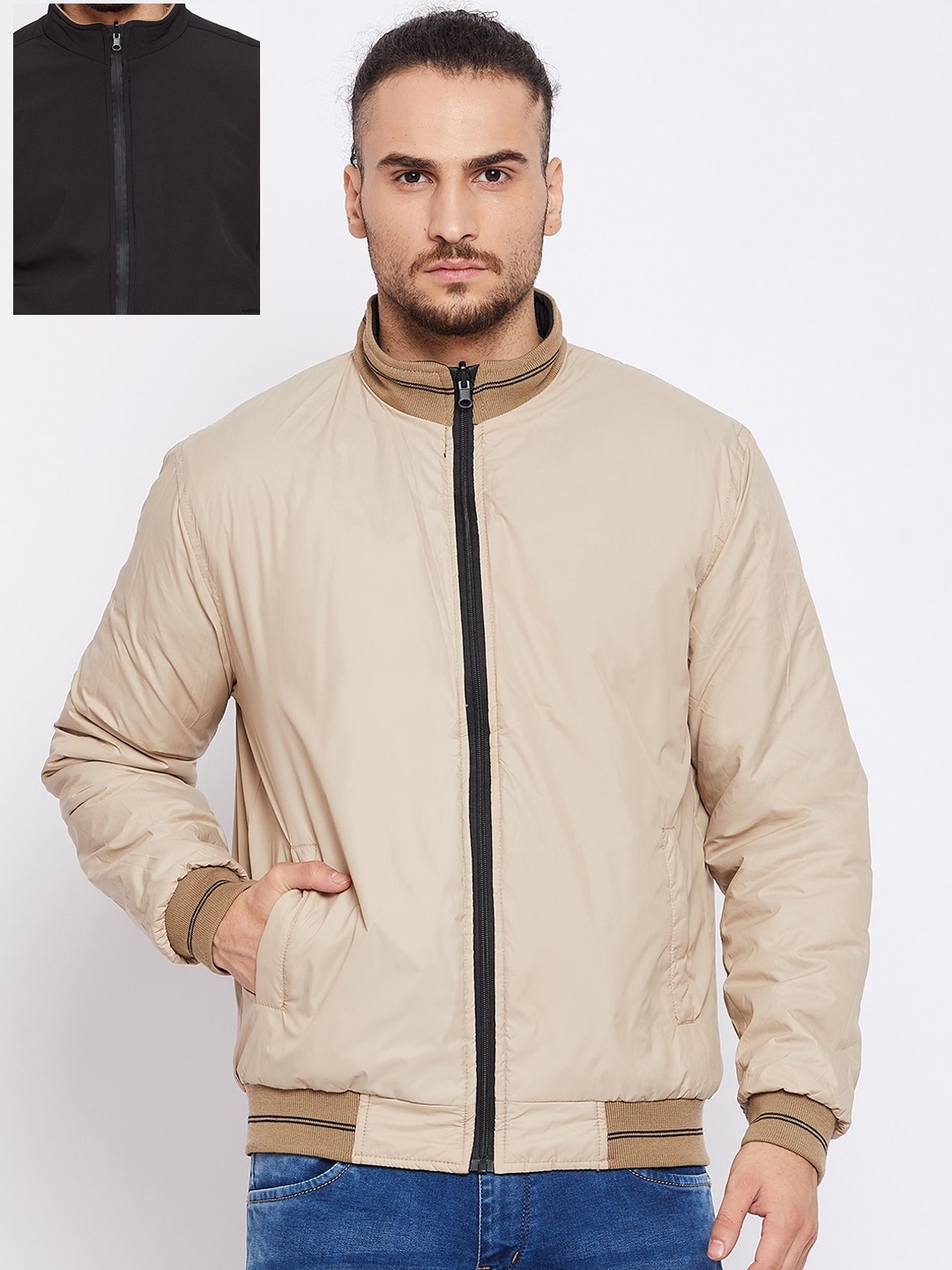 

Cantabil Men Black & Khaki Solid Reversible Varsity Jacket