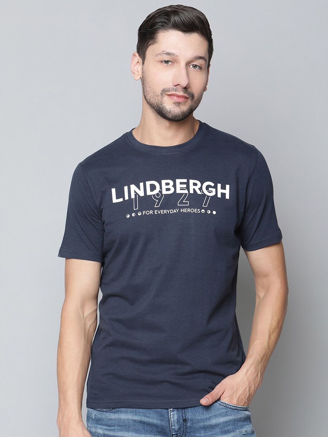 

LINDBERGH Men Navy Blue Typography Printed Pure Cotton T-shirt