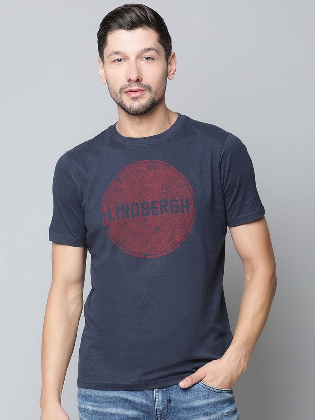 

LINDBERGH Men Cotton Navy Blue Typography Printed Relaxed Fit T-Shirt