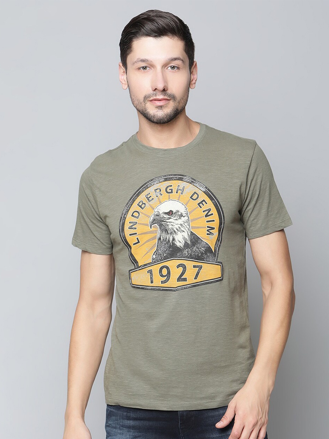 

LINDBERGH Men Olive Green Printed Pure Cotton T-shirt