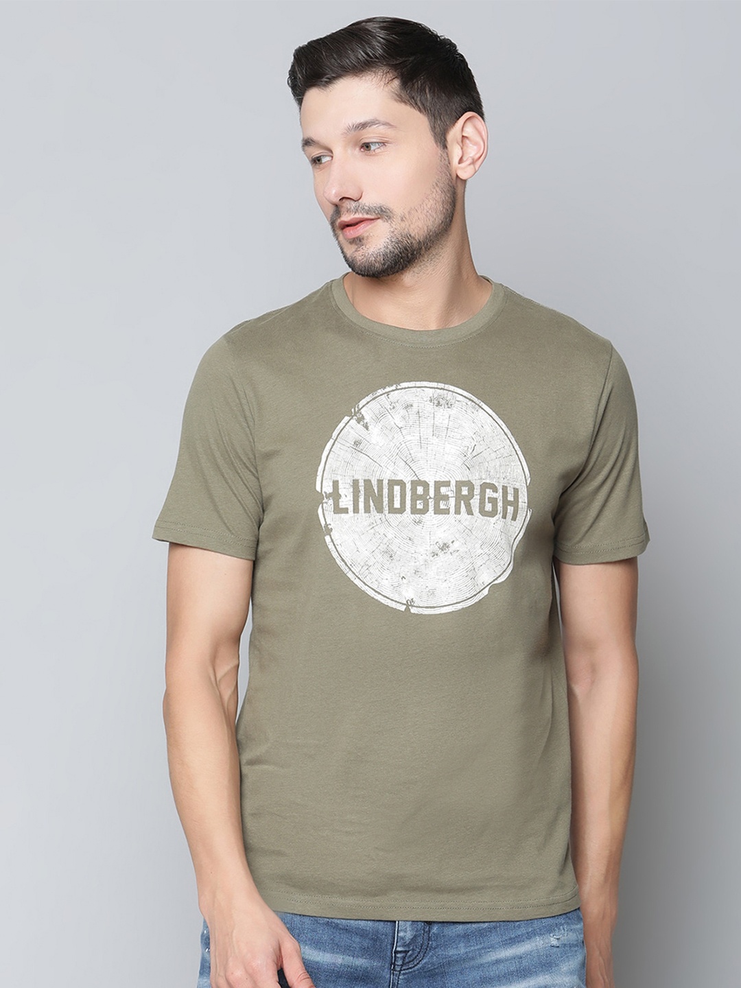 LINDBERGH Men Olive Green Typography Printed Pure Cotton T-shirt