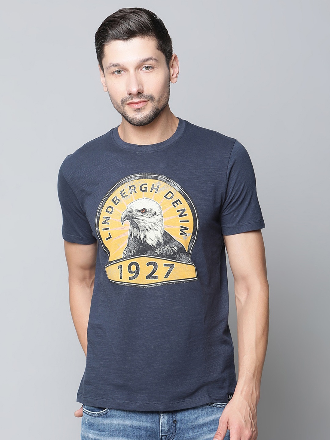 

LINDBERGH Men Navy Blue Typography Printed T-shirt