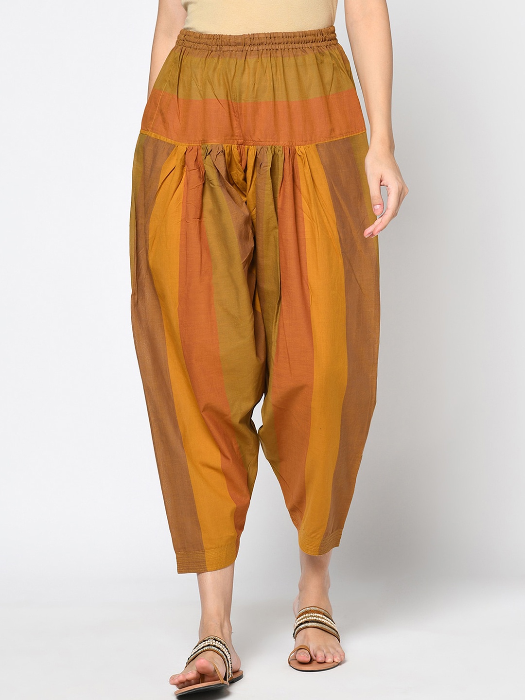 

Fabindia Women Green & Orange Colourblocked Cotton Salwars