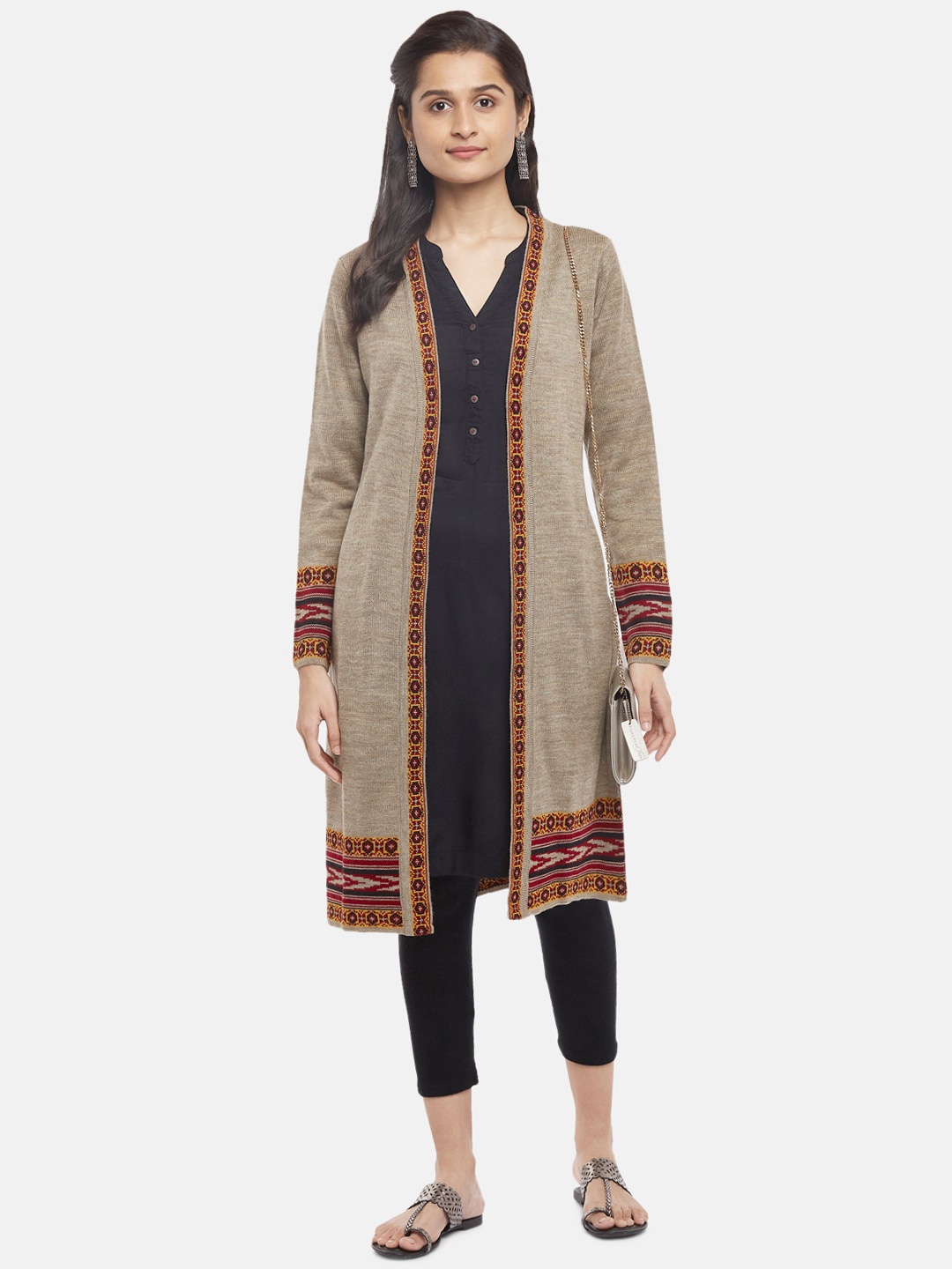 

RANGMANCH BY PANTALOONS Women Beige Geometric Acrylic Longline Open Front Jacket