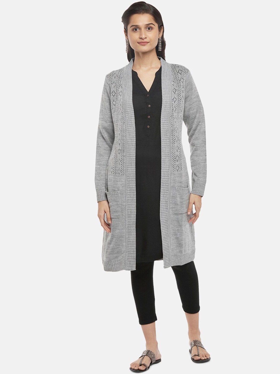 

RANGMANCH BY PANTALOONS Women Grey Acrylic Longline Open Front Jacket
