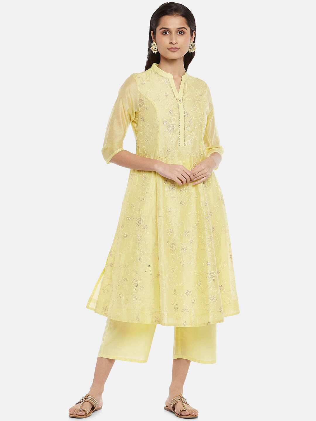 

RANGMANCH BY PANTALOONS Women Yellow Printed Chanderi Silk Kurti with Trousers