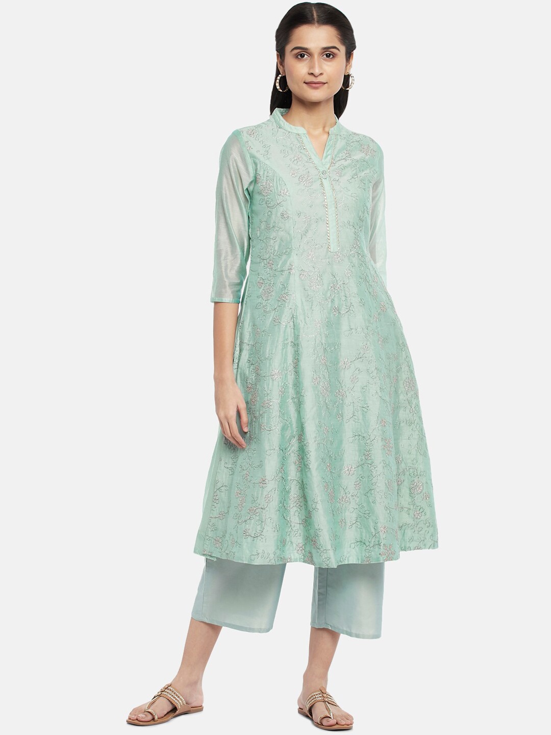 

RANGMANCH BY PANTALOONS Women Sea Green Embroidered Chanderi Silk Kurta Set
