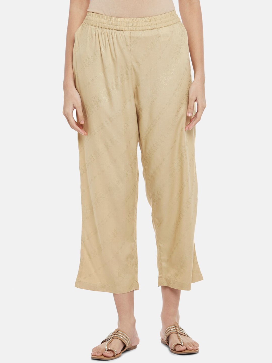 

RANGMANCH BY PANTALOONS Women Gold-Toned Cropped Ethnic Palazzos