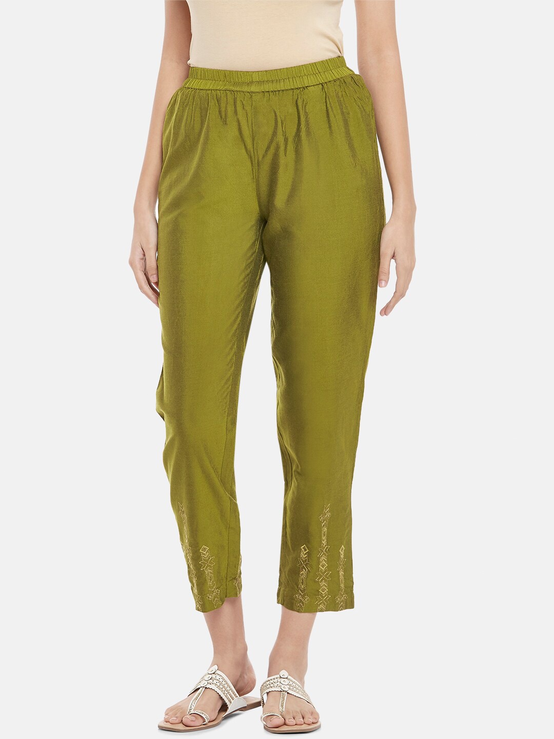 

RANGMANCH BY PANTALOONS Women Olive Green Floral Embroidered Trousers