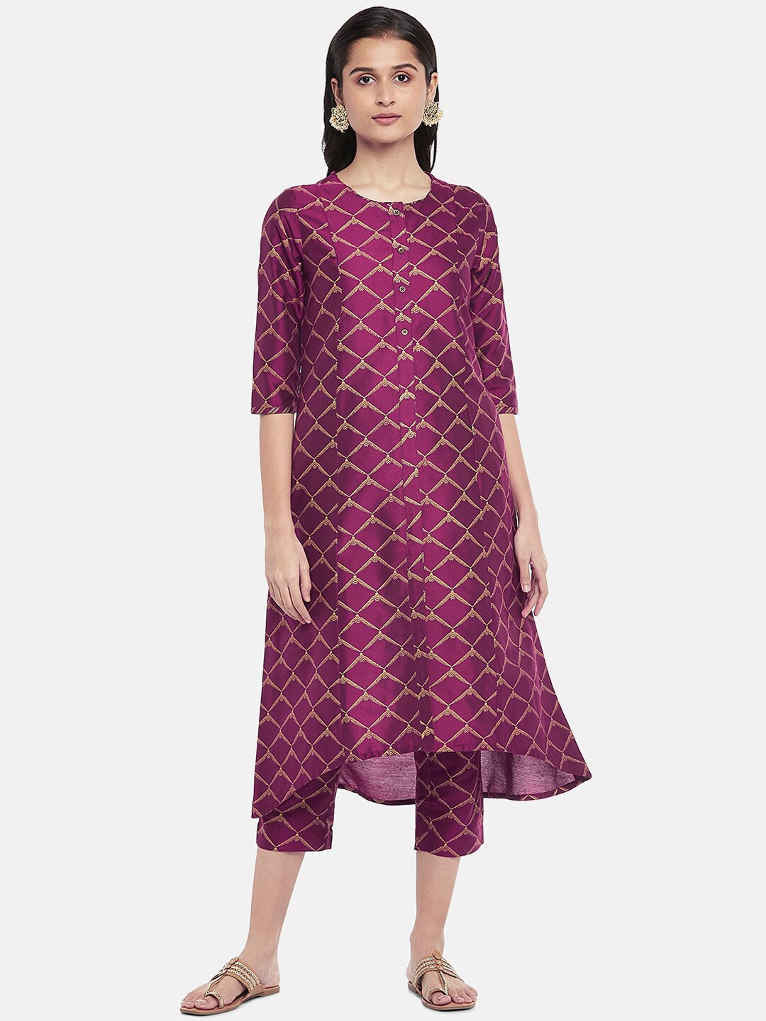 

RANGMANCH BY PANTALOONS Women Burgundy Woven Design Asymmetric Kurta With Trousers