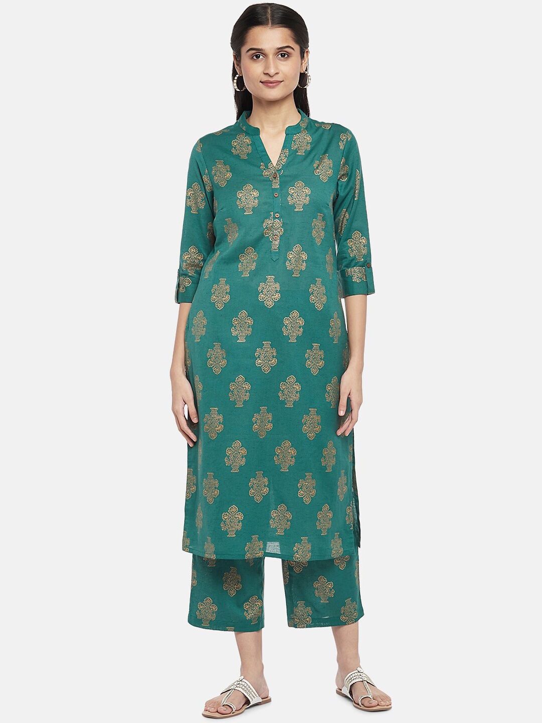 

RANGMANCH BY PANTALOONS Women Turquoise Blue Printed Pure Cotton Kurti with Palazzos