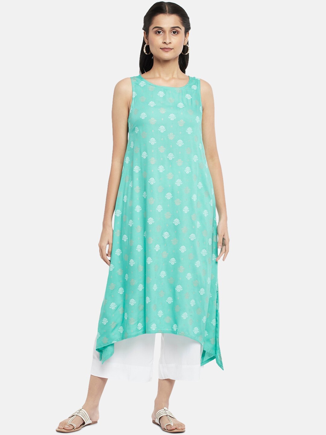 

RANGMANCH BY PANTALOONS Women Turquoise Blue Floral Printed Asymmetric Kurta With Trousers