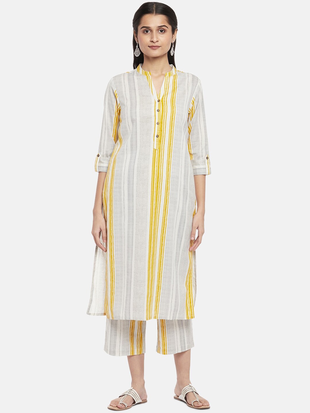 

RANGMANCH BY PANTALOONS Mustard Yellow Striped Panelled Pure Cotton Kurta With Trousers